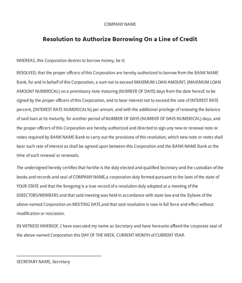 Image of a Resolution to Authorize Borrowing on a Line of Credit