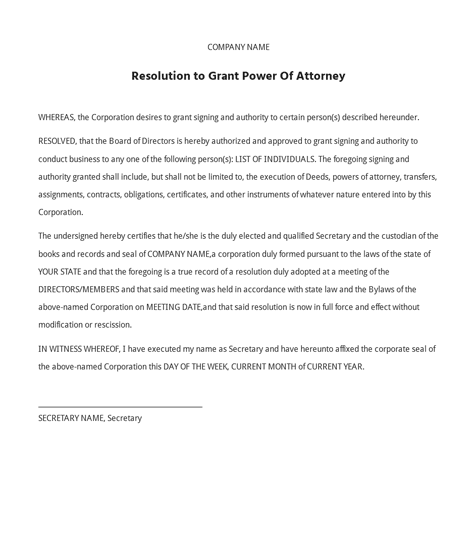 Image of a Resolution to Grant Power of Attorney