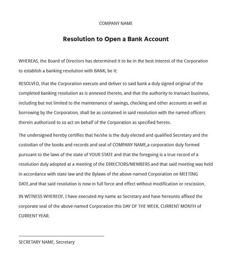 Image of a Resolution to Open a Bank Account