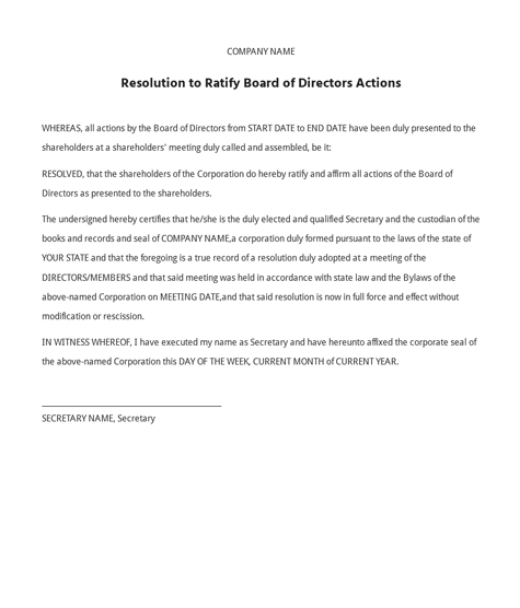 Image of a Resolution to Ratify Board of Directors Actions