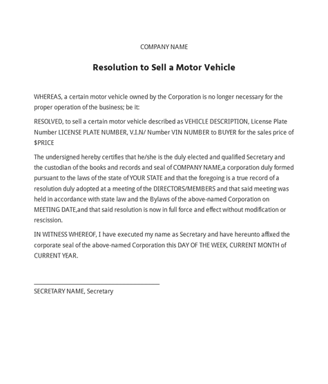 Image of a Resolution to Sell a Motor Vehicle